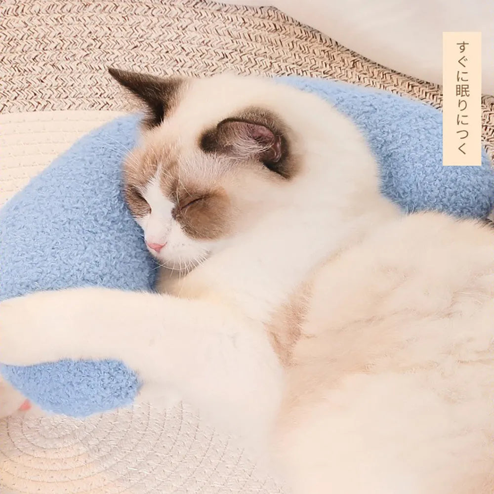 U-shaped blue cat pillow with adjustable collar for feline cervical support and sleeping comfort