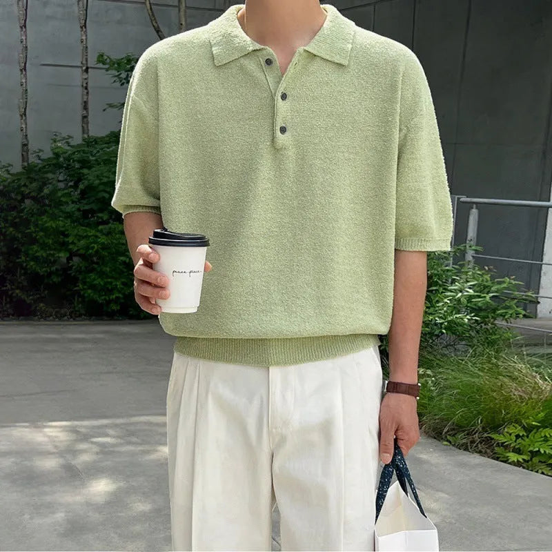 Men's caramel retro knitted polo shirt with asymmetric design and short sleeves
