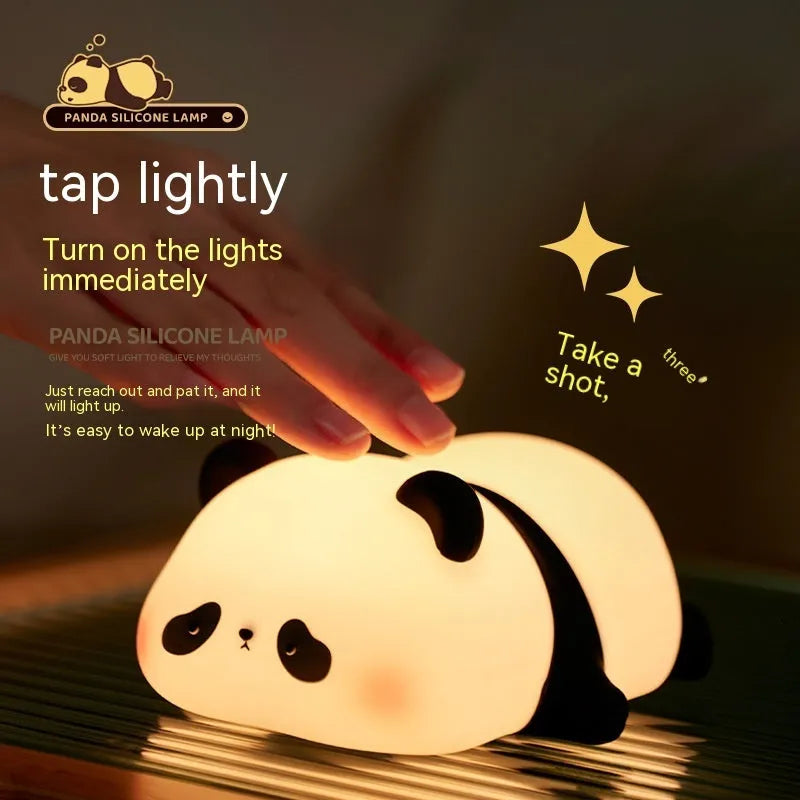 Cute panda-shaped night light made of BPA-free silicone on a bedside table