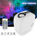 Laser starry sky projection lamp with colourful nebula moon effect and Bluetooth music playing, black unit on a desk