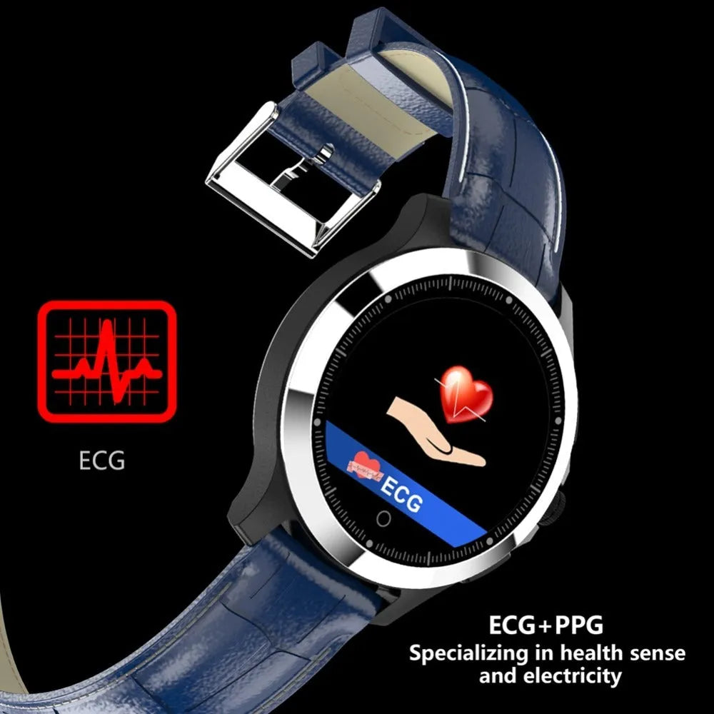 W8 ECG smart bracelet with 304 stainless steel body and black TPU strap showing heart rate reading on display