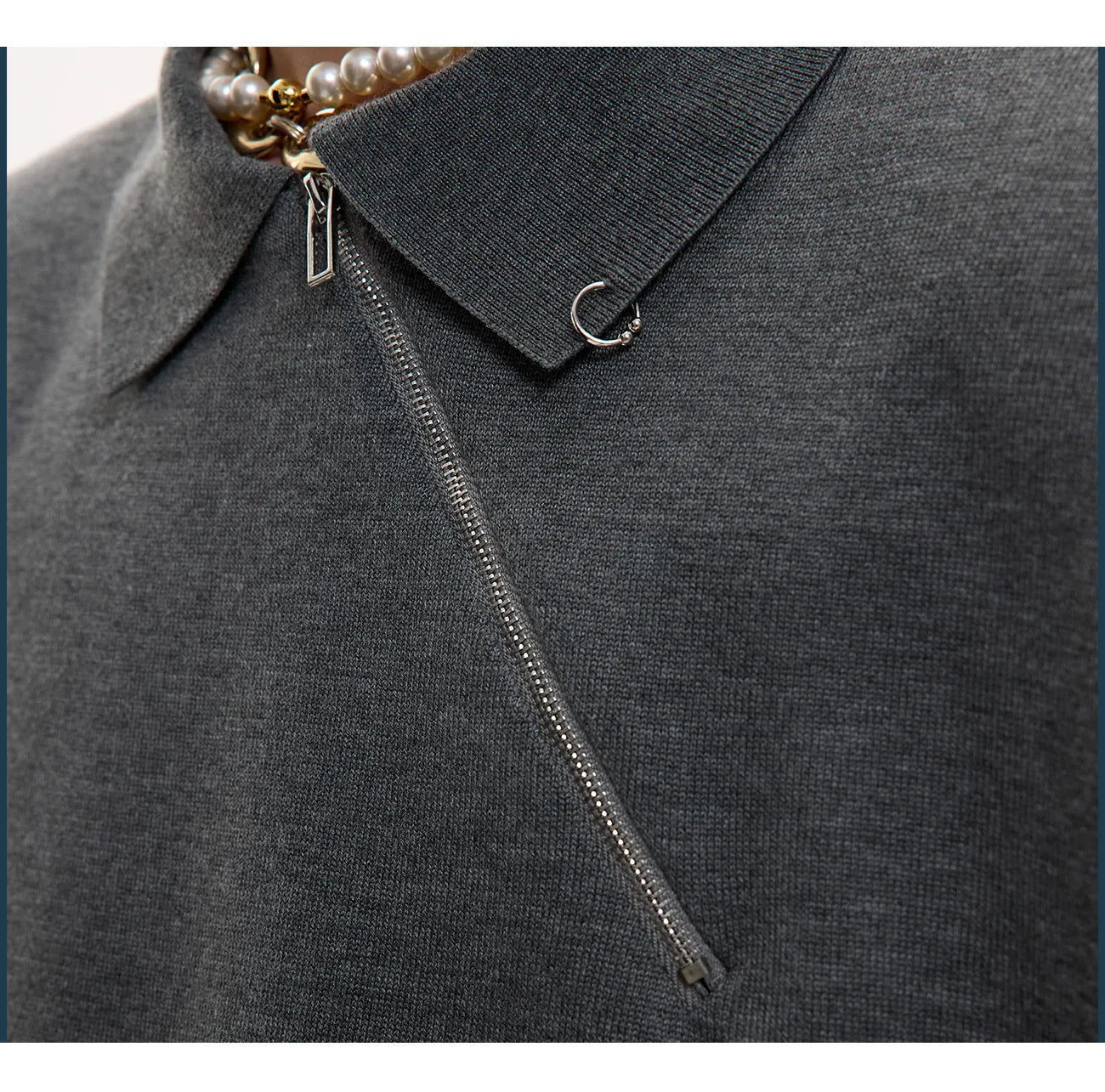 Slim fit grey knitted polo shirt with an oblique diagonal zip and short sleeves on a mannequin.