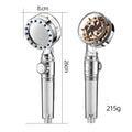 High pressure turbo shower head with ABS body, stainless steel panel, silicone nozzles, and one-key stop button