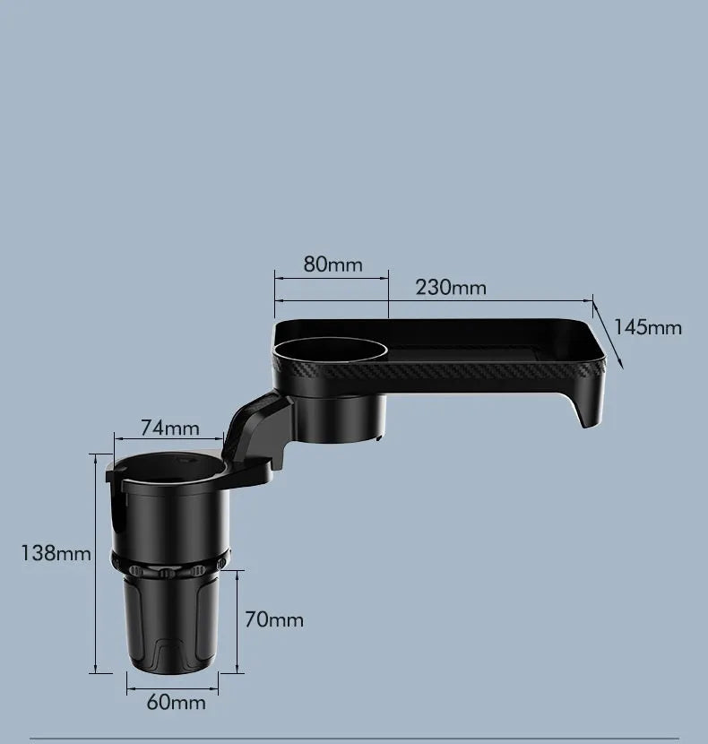 Black car cup holder with rotating dinner tray plate showing 360-degree swivel mechanism