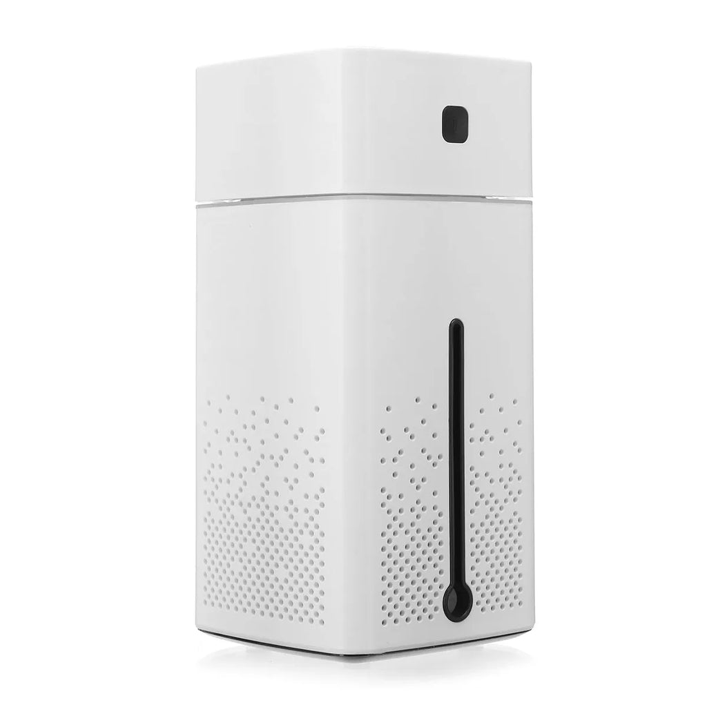 Black and white desktop humidifier with USB cable, showing compact 103x103x218mm size.