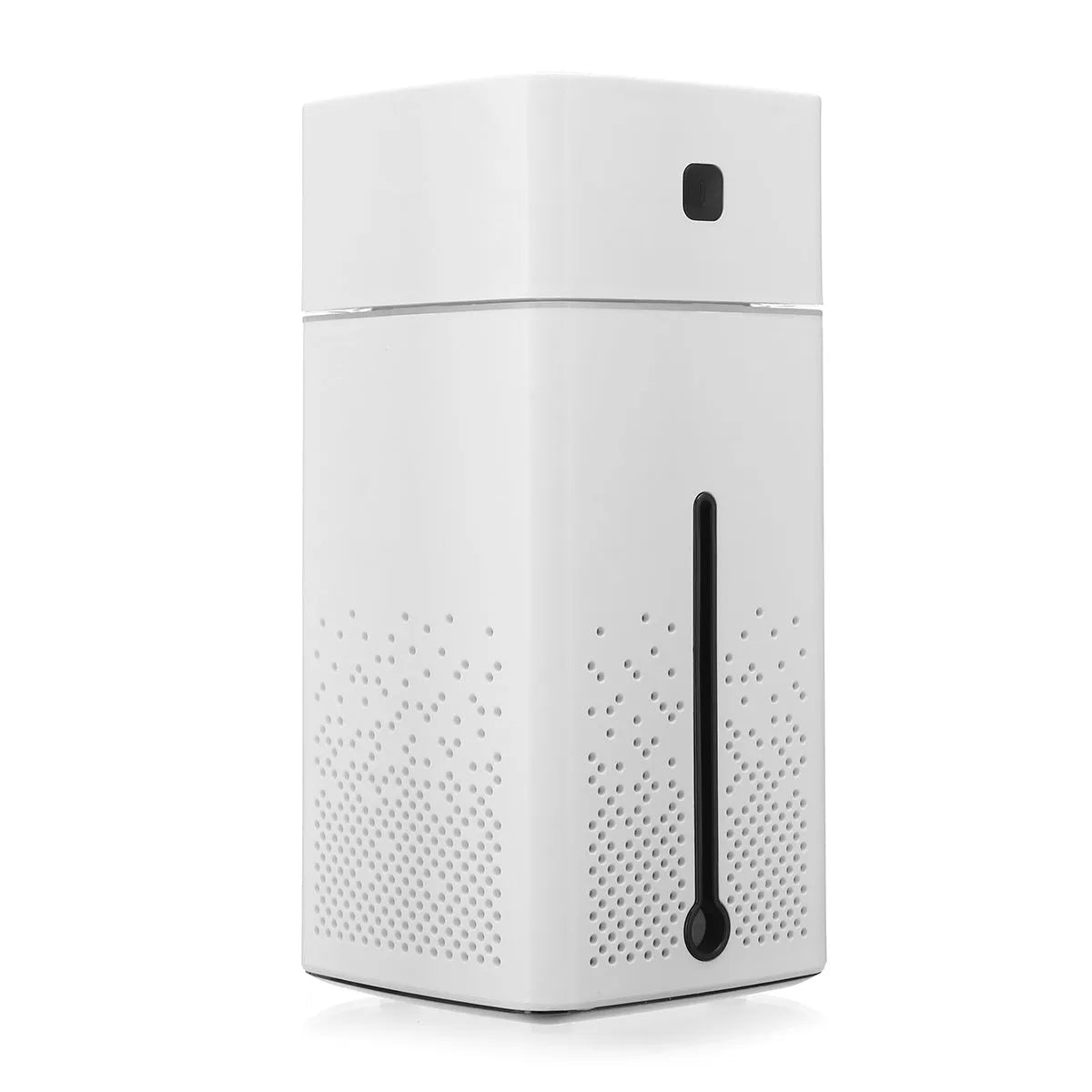 Black and white desktop humidifier with USB cable, showing compact 103x103x218mm size.