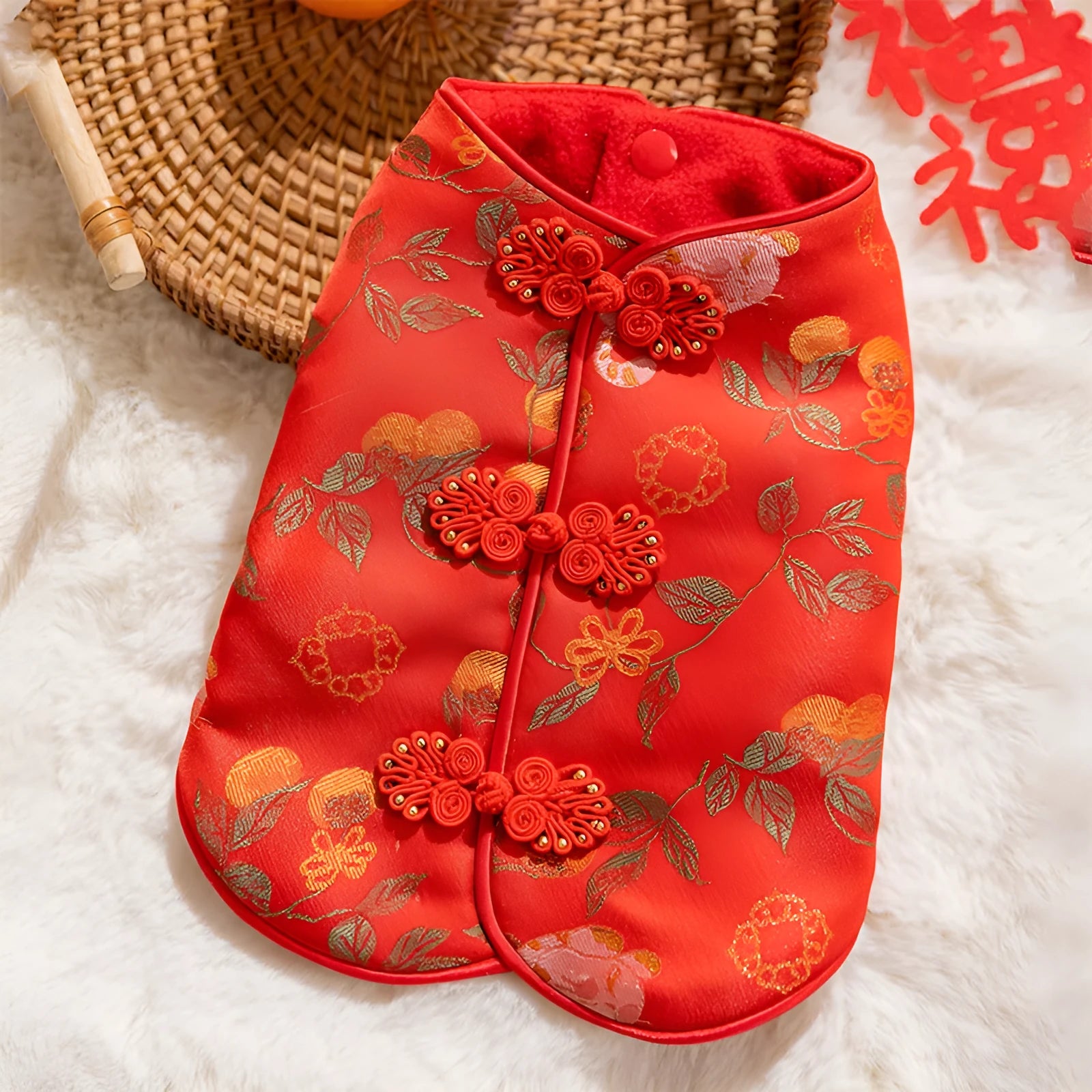 Red cheongsam pet vest with decorative knot buttons, floral and fruit patterns, for Lunar New Year