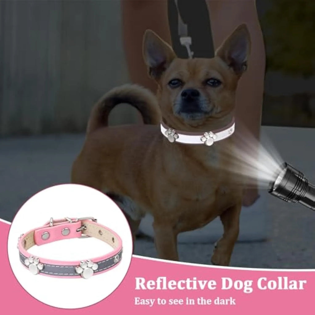 Reflective adjustable dog collar with paw-shaped rivet on PU leather band