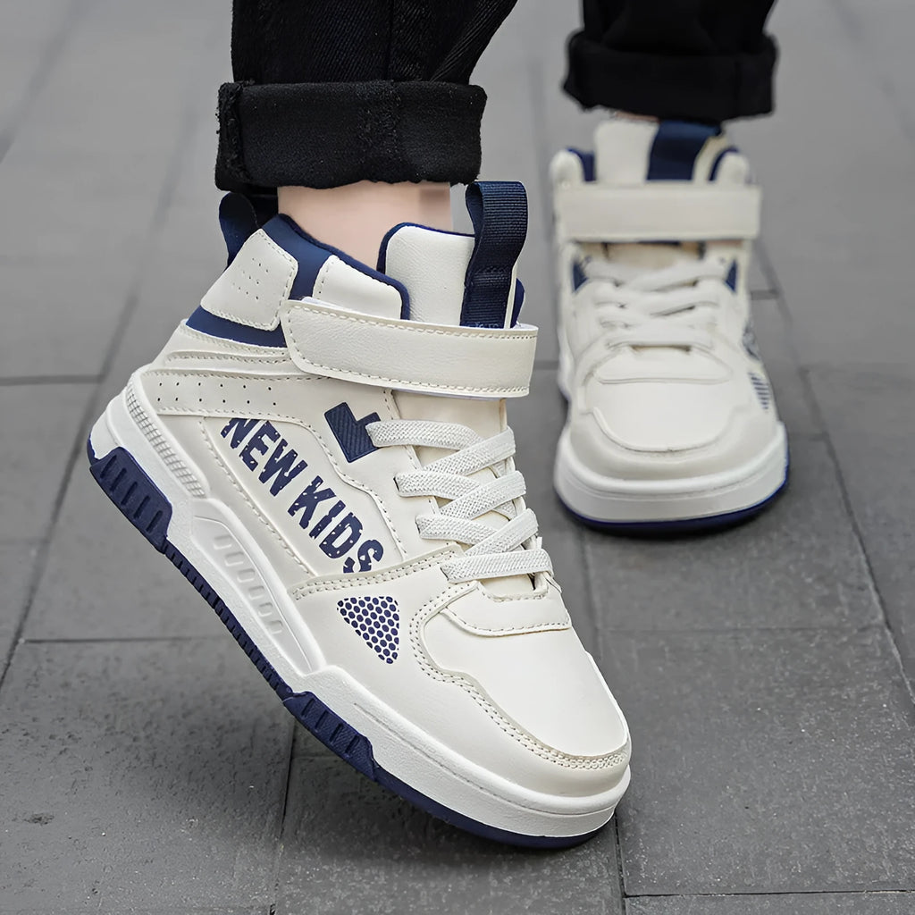 Children's street sneakers with PU upper, rubber sole, and buckle fastening in beige green, blue, or white options.