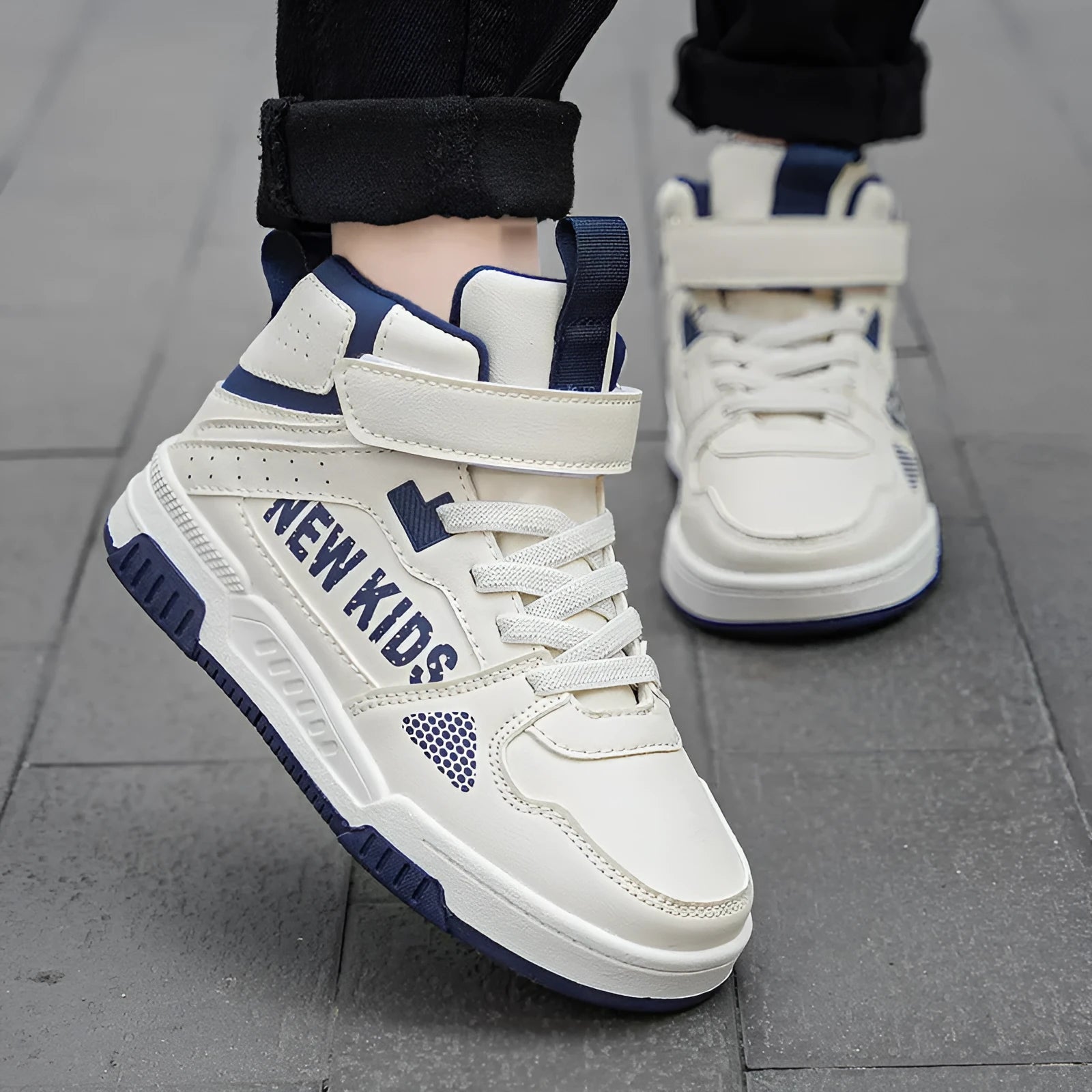 Children's street sneakers with PU upper, rubber sole, and buckle fastening in beige green, blue, or white options.