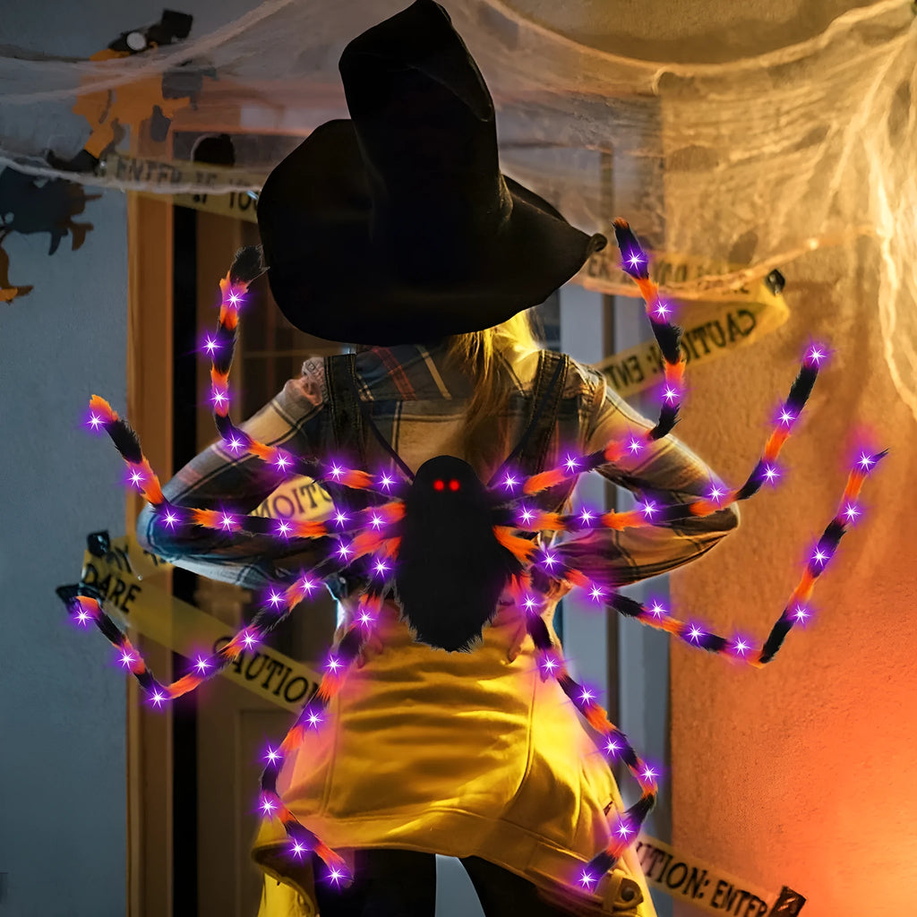 Halloween spider backpack with LED lights in plush sugar bag material