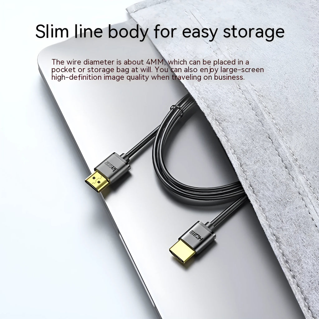 HDMI cable with gold-plated connectors and thin flexible design showing length options for computer monitor connection