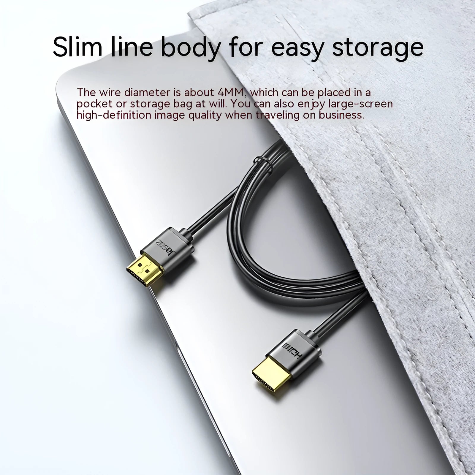 HDMI cable with gold-plated connectors and thin flexible design showing length options for computer monitor connection
