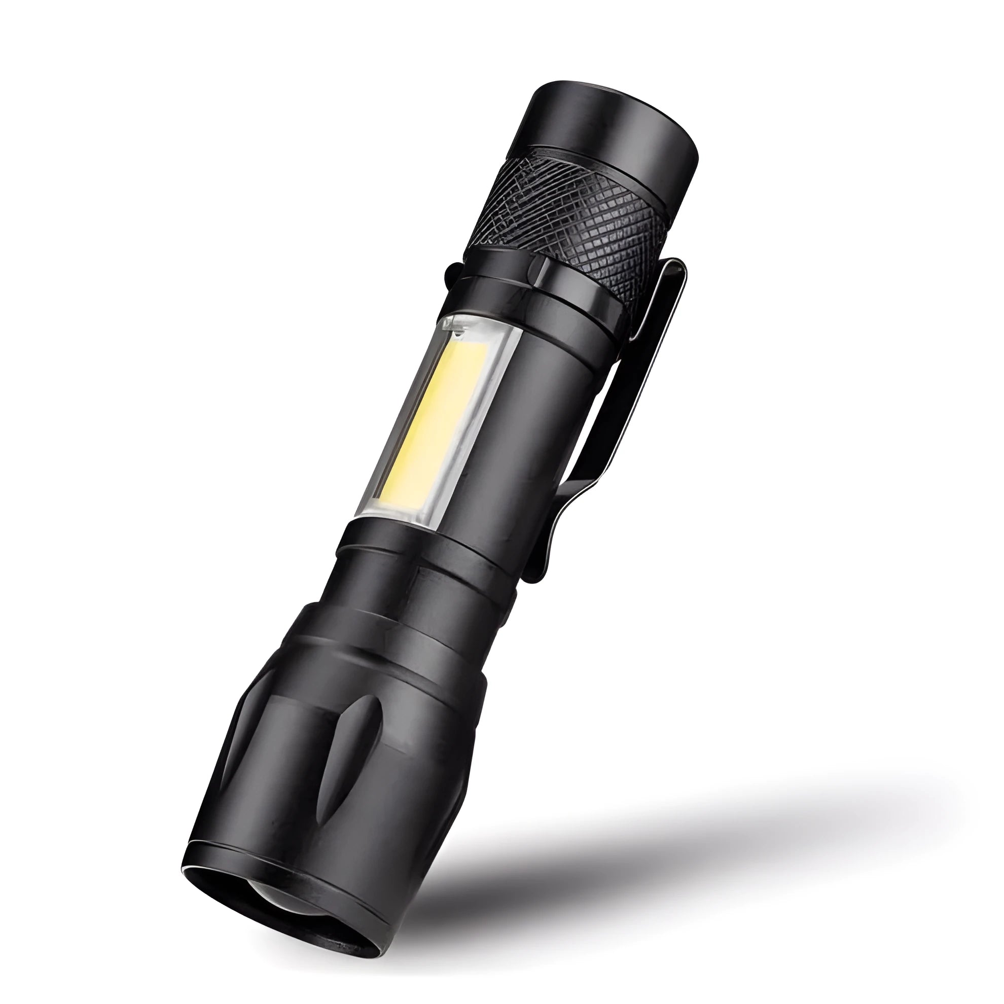 Compact black aluminium telescopic LED flashlight with pocket clip and zoomable head