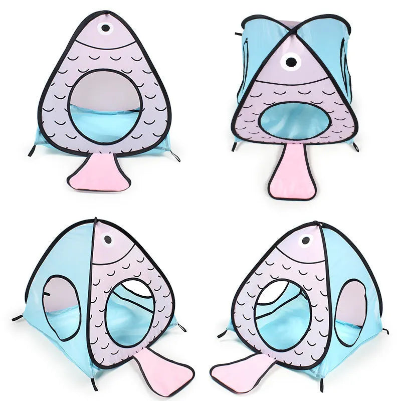 Foldable cat tent tunnel toy with three-piece cat and fish design in PP material