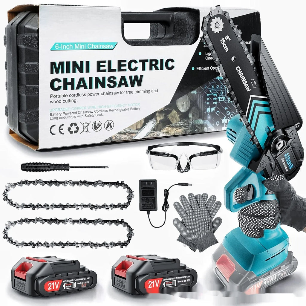 Household small handheld wireless rechargeable lithium electric saw with 6-inch chain and two batteries in storage box