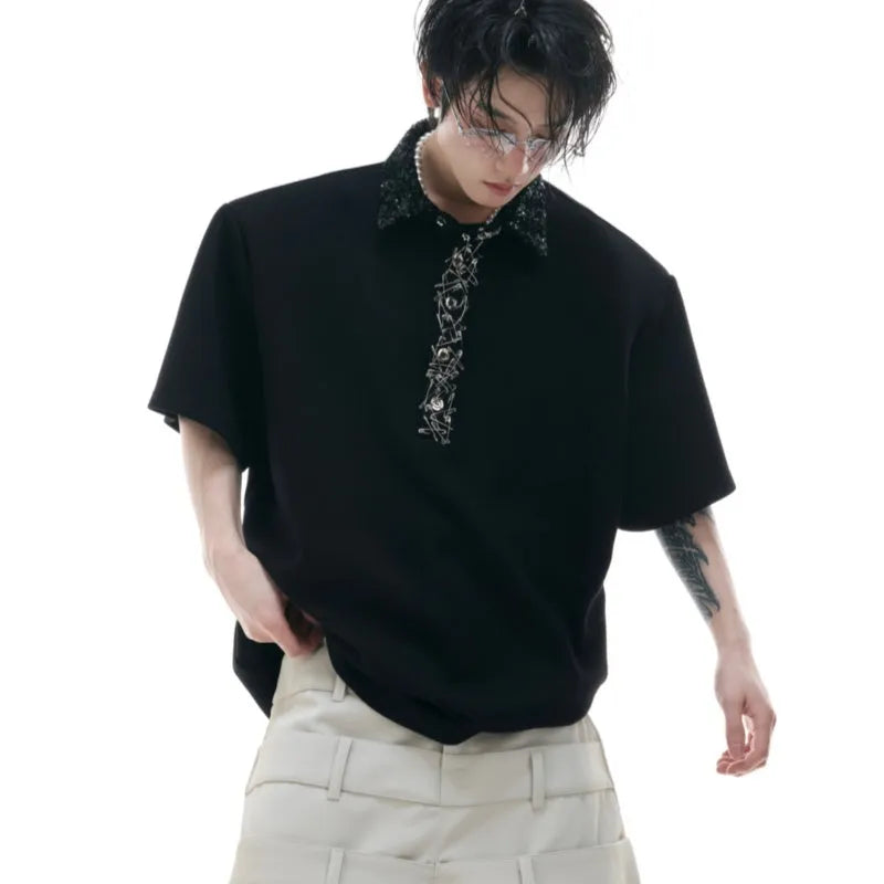 Men's black loose polo t-shirt with embroidered square collar featuring sequins detailing and short sleeves