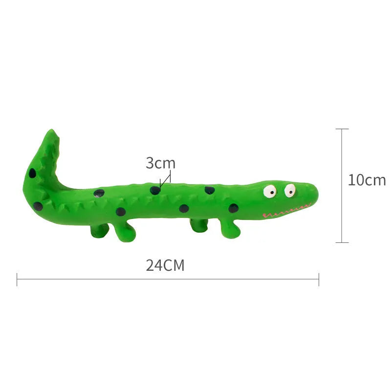 Green lizard-shaped dog chew toy with textured latex surface and squeaker function