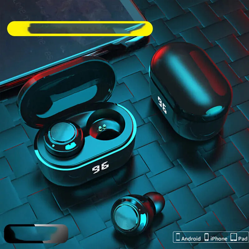 Black wireless stereo Bluetooth headset with earbud design showing Bluetooth 5.0 and NFC features