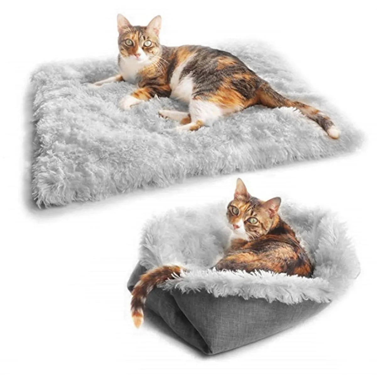 Gray self-heating pet blanket nest with long plush fur and non-slip black bottom, 61x51 cm