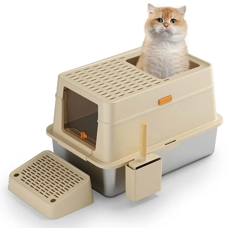 Grey fully enclosed cat toilet with pedal and stainless steel dustbin, large size for indoor cats