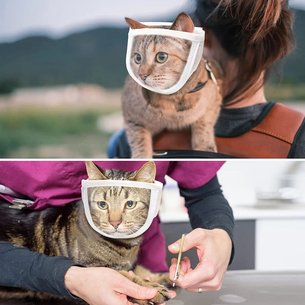 Transparent PVC and cotton anti-bite cat muzzle for grooming, with adjustable strap, available in S and M sizes