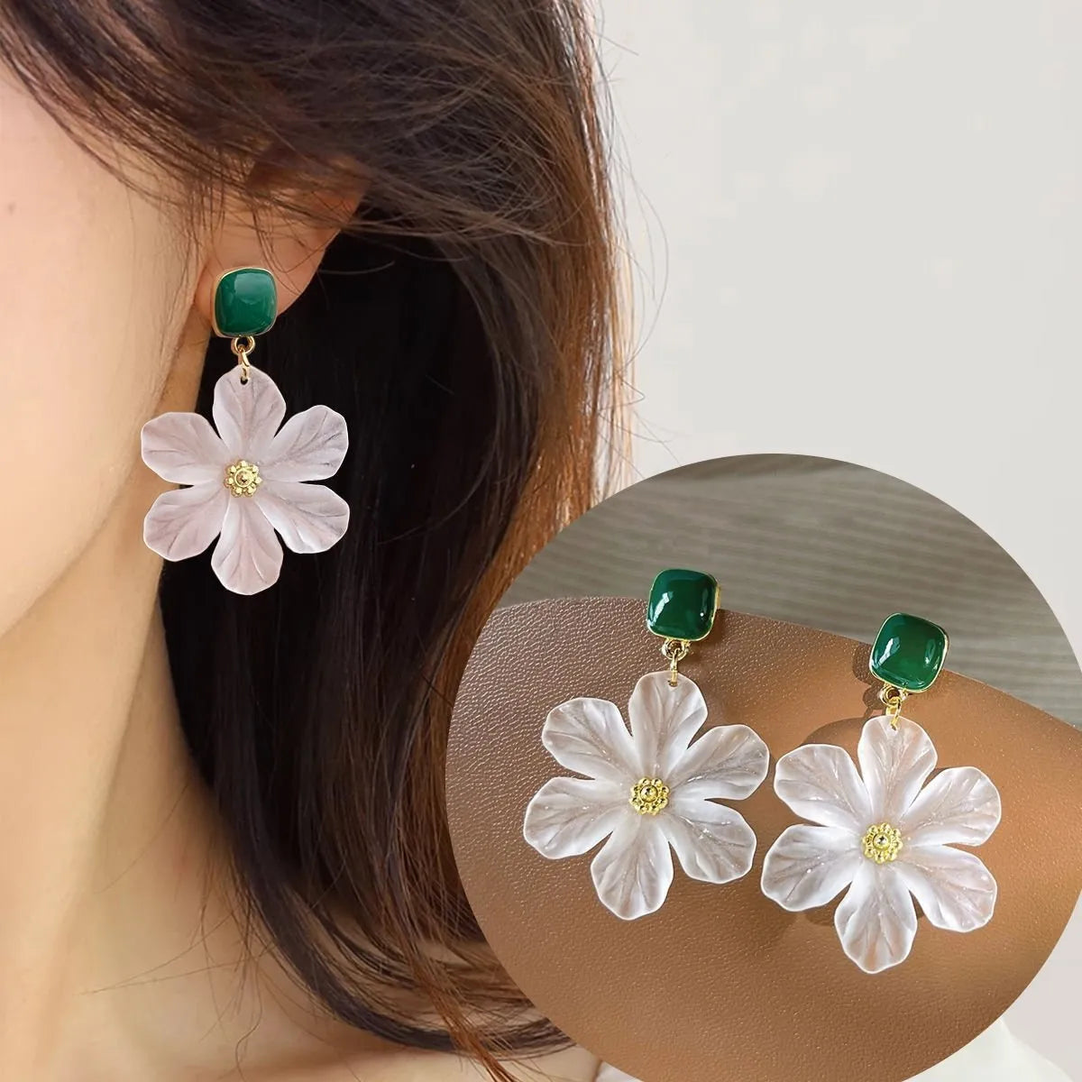 Dark green sweet flower dangle earrings with needle detailing on petals and sterling silver ear wires