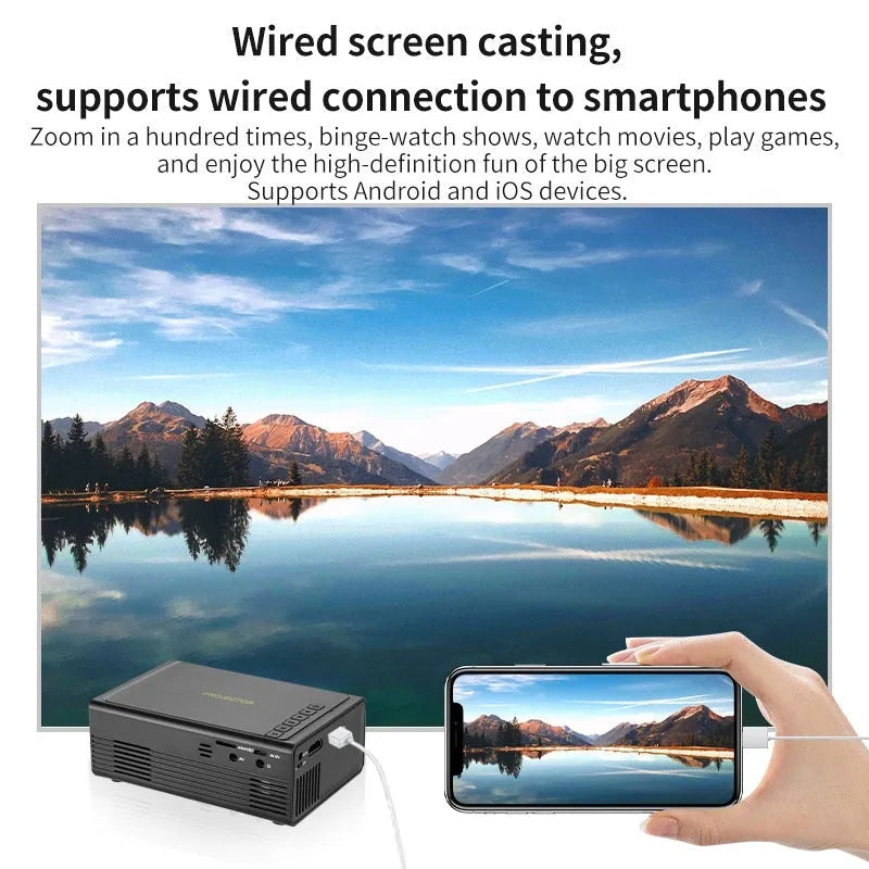 Black portable mini projector with wired mobile phone connectivity and compact design