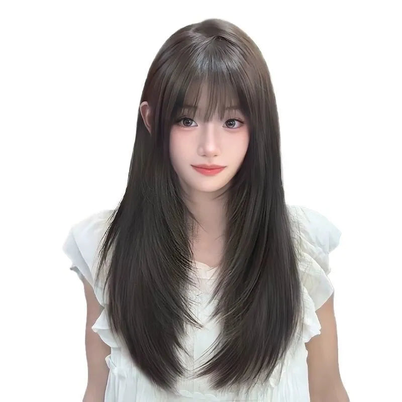 Women's full-head wig black long straight high layered with wear-free hair net