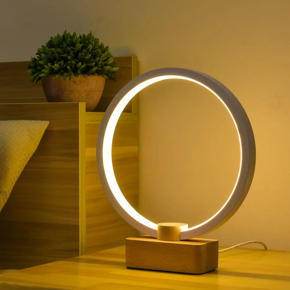 Smart solid wood LED small night lamp with bamboo holder, round small size, USB powered, modern simplicity style
