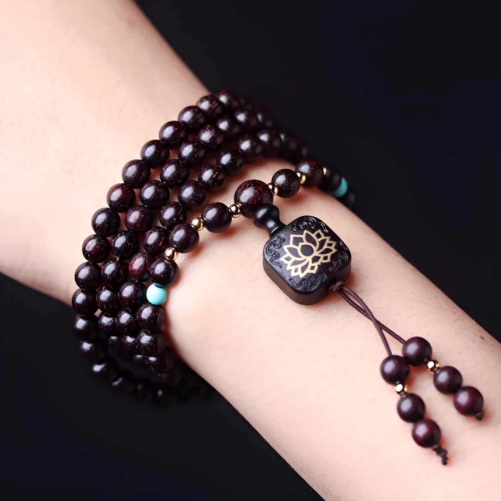 Zambia Rosewood Buddha bead bracelet with flat lotus pendant, 108 beads, grinding finish
