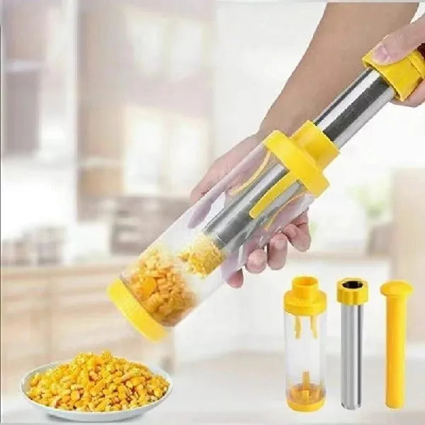 Yellow manual corn stripper with cylindrical ABS plastic body and stainless steel cutting surface on white background
