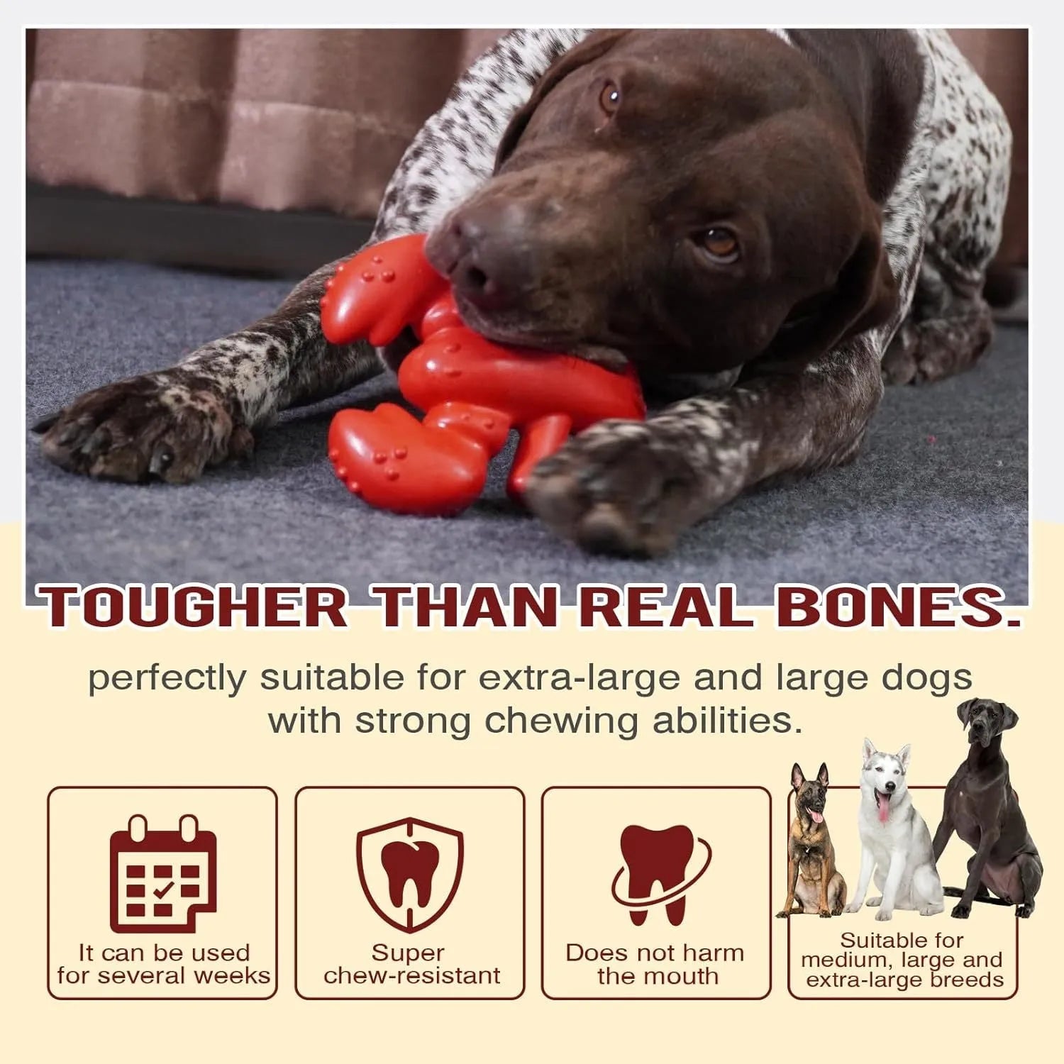 Red hard plastic dog chew toy for large breed aggressive chewers, 170mm long