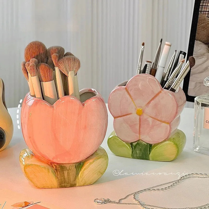 Ceramic flower pen holder storage box with tulip design in blue, pink, and purple colour patterns
