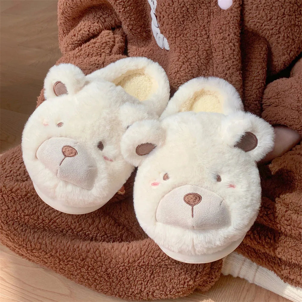 Ladies warm baotou plush slippers in khaki with suede upper and round head toe
