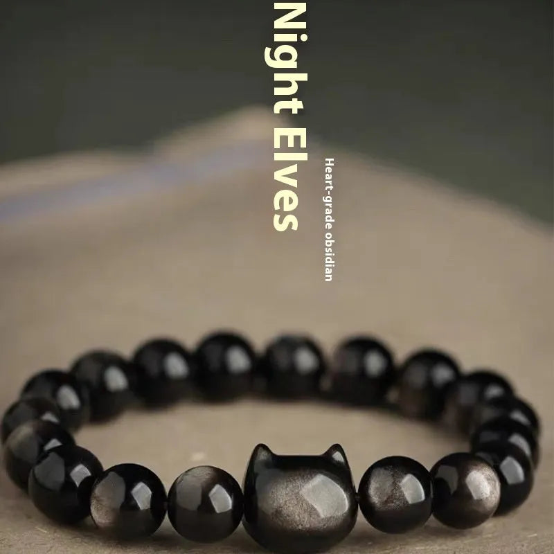 Natural obsidian cat head bracelet with round polished beads, gold or silver style accessory, 8mm or 10mm unisex