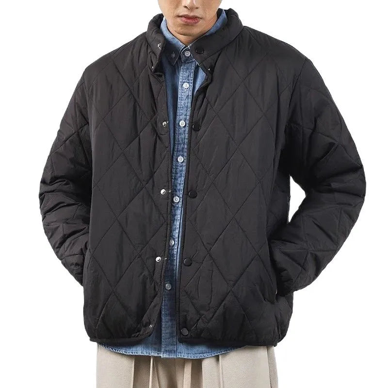 Men's black winter jacket with diamond lattice pattern, 100cm extended length, loose fit design