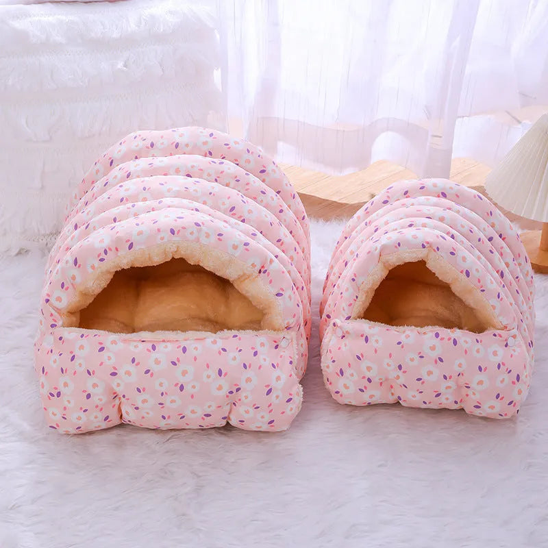Winter cat nest with removable cloth cover, size M for cats under 15kg, pink small flower design