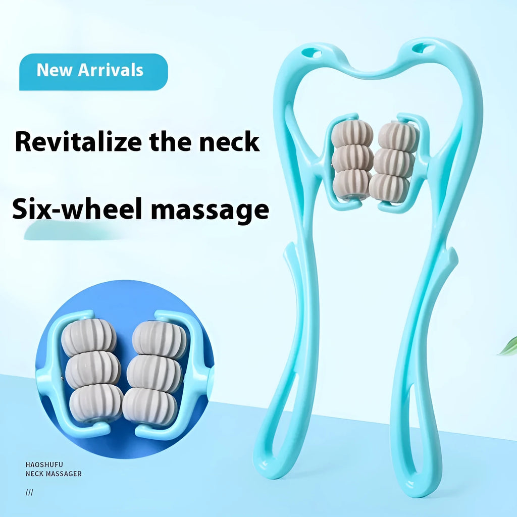 Blue plastic handheld massager with six white rolling wheels for neck and shoulders.