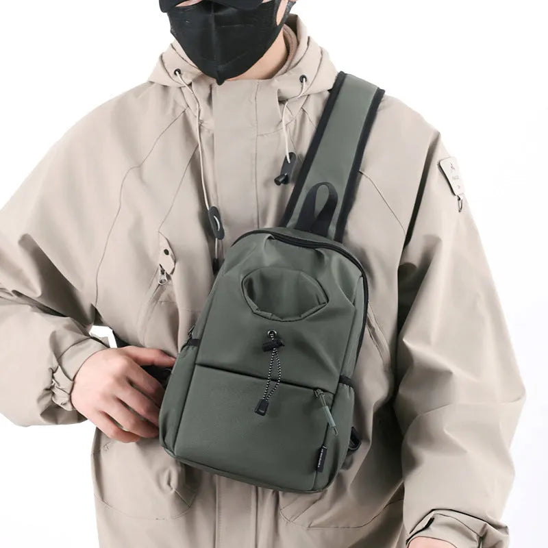 Oxford cloth waterproof shoulder chest bag for men, 21cm, dark gray, with stitching and letter details