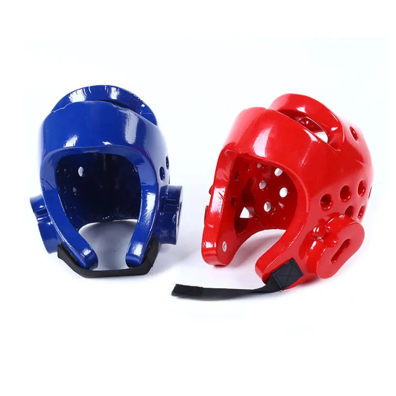 Red martial arts protective gear set including leg guard, helmet and gloves for karate and taekwondo training