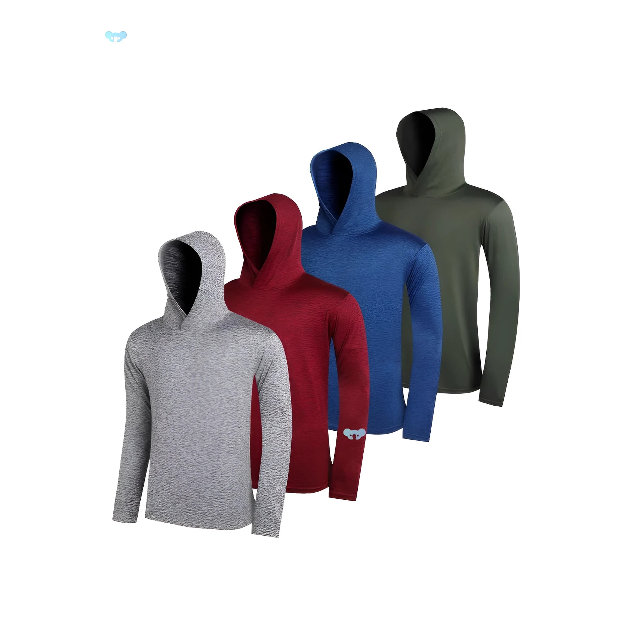 Set of four men's lightweight polyester hoodies in various colours, some with hats.