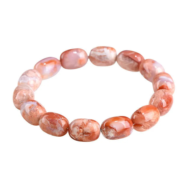 Natural cherry blossom agate bracelet with 10x14mm barrel beads and Ruyi geometric design elements