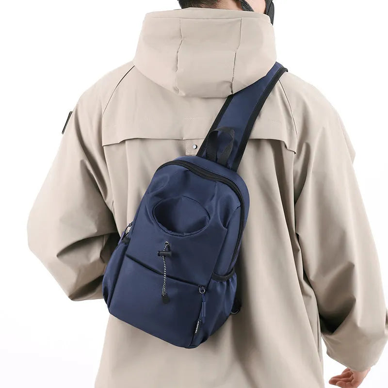 Oxford cloth waterproof shoulder chest bag for men, 21cm, dark gray, with stitching and letter details