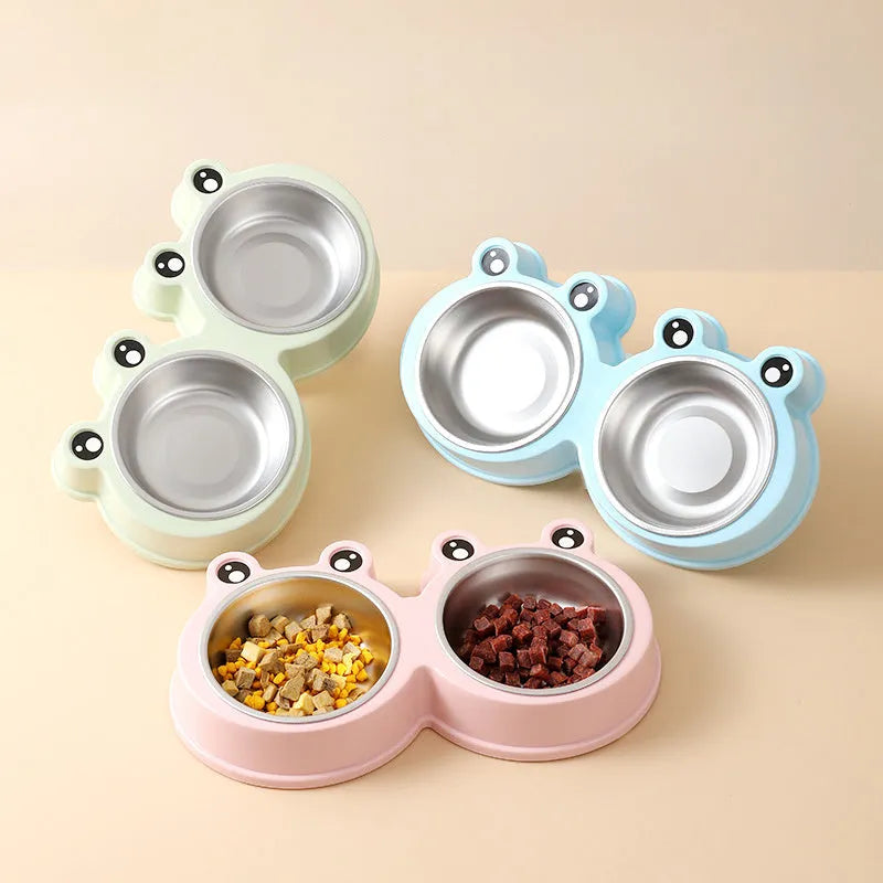 Stainless steel pet double bowl with food and water compartments in blue colour