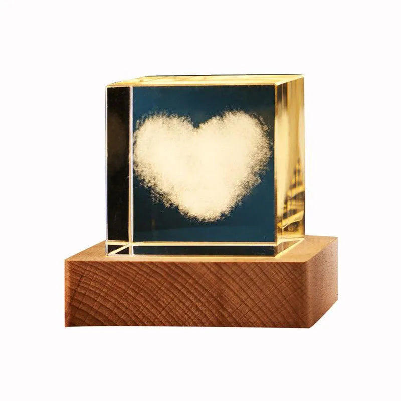 3D transparent crystal cube night lamp with warm light glowing, glass lampshade, 40mm size