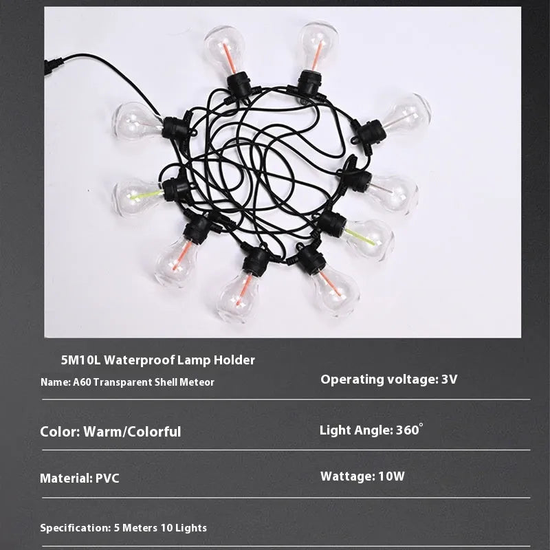 Outdoor decorative string lights with 10 LED bulbs in transparent meteor bag cases