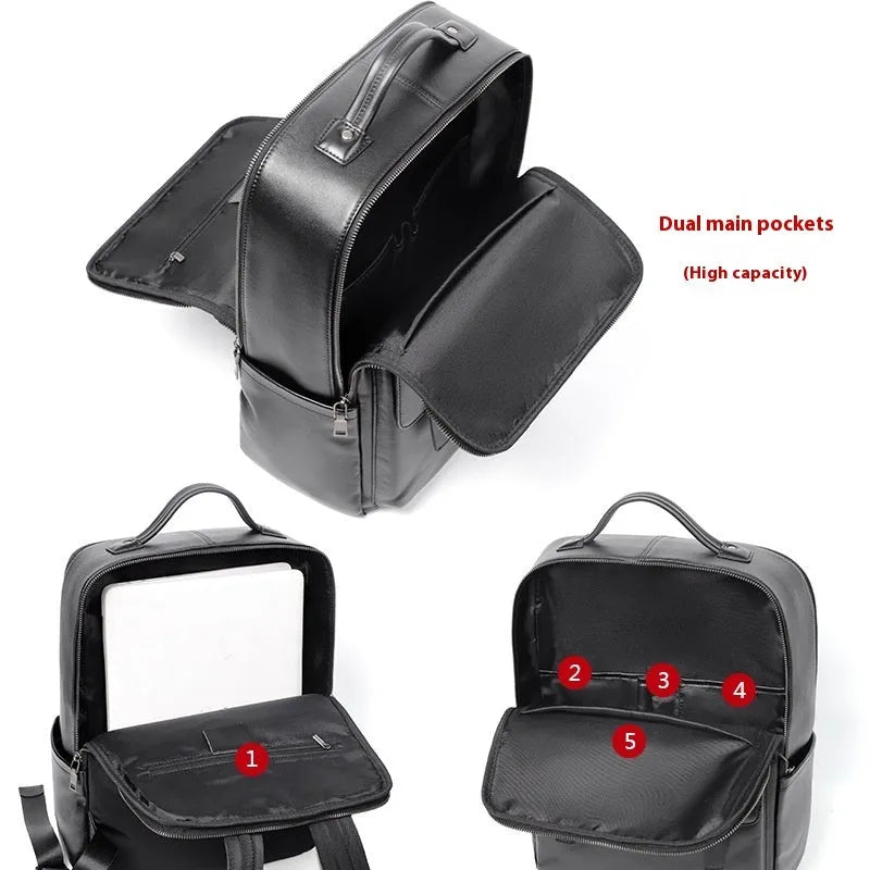 Men's black genuine leather laptop backpack with woven detail and large 36-55L capacity.