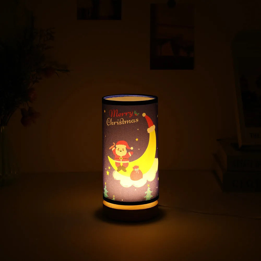 Moon Santa Claus design LED night light with bamboo base and USB plug.