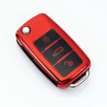 VW Model A folding car key case in TPU material showing four colour options: silver, blue, pink and red